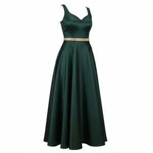Elegant Forest Green Satin Evening Gown with Silver Waistband